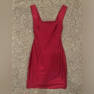 Red satin mini dress with open back